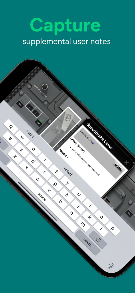 Acron B787 Cockpit Fam. - Note taking interface on a Boeing 787 cockpit speedbrake lever for pilot training