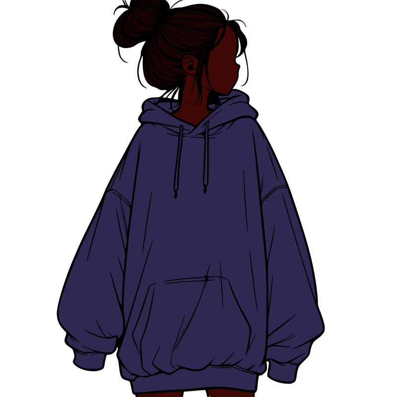 realistic girl with a oversized sweatshirt on and a bun