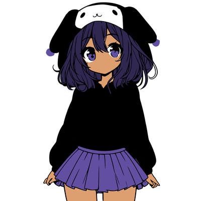 pretty anime girl wearing a fluffy hoodie with bunny ears on the hood and a skirt