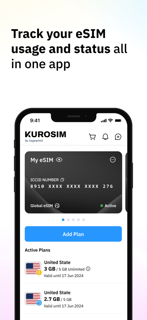 Interface of Kurosim app showing active eSIM plans and data usage tracking for international travel.