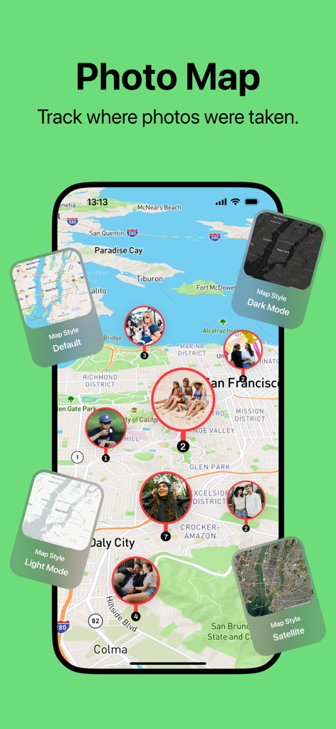 Función de mapa de fotos que muestra las ubicaciones de las fotos en un mapa con varias opciones de estilo de mapa