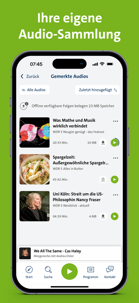 WDR 5 - WDR 5 app screenshot showing a personalized audio collection of saved podcasts and news segments on an iPhone