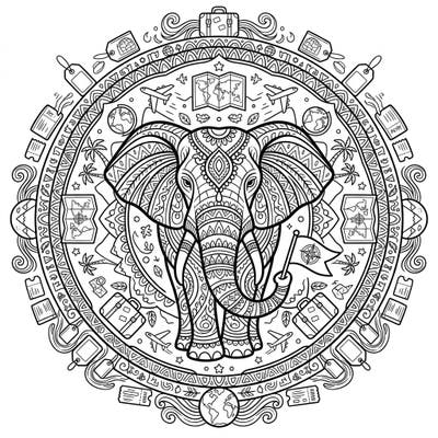 This intricate coloring page combines the majestic symbolism of elephant mandalas with exciting elements of vacation and travel. Unleash your creativity as you bring to life a scene filled with wisdom, adventure, and decorative patterns.