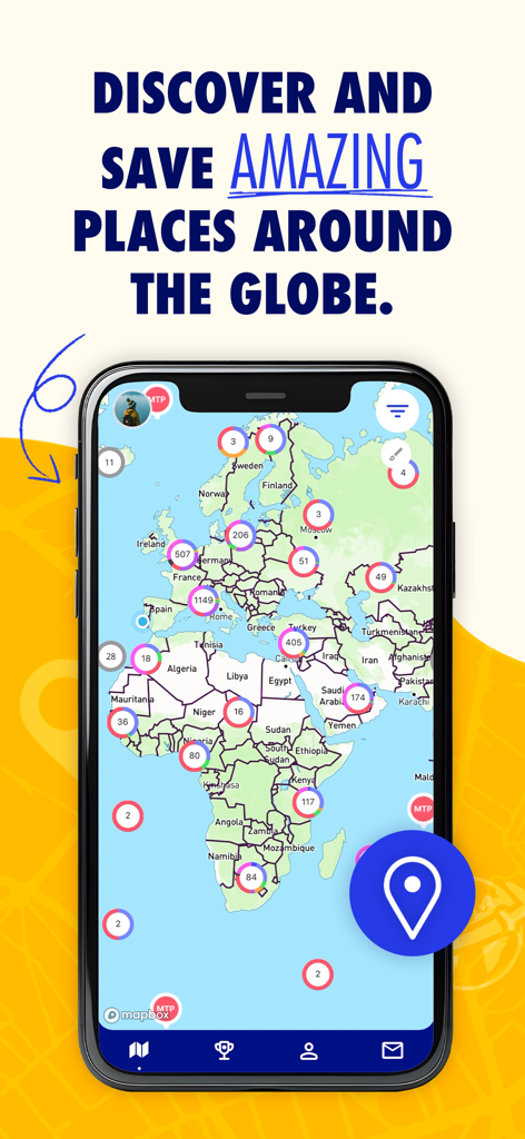 MTP: Most Traveled People - Pantalla de smartphone que muestra el mapa mundial de la aplicación MTP con marcadores de ubicación de viajes en Europa y África.