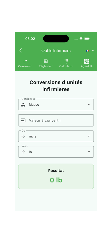 MedScales Pro - Interfaz de la aplicación MedScales Pro que muestra la herramienta de conversión de unidades de enfermería para mediciones de masa como mcg a lb.