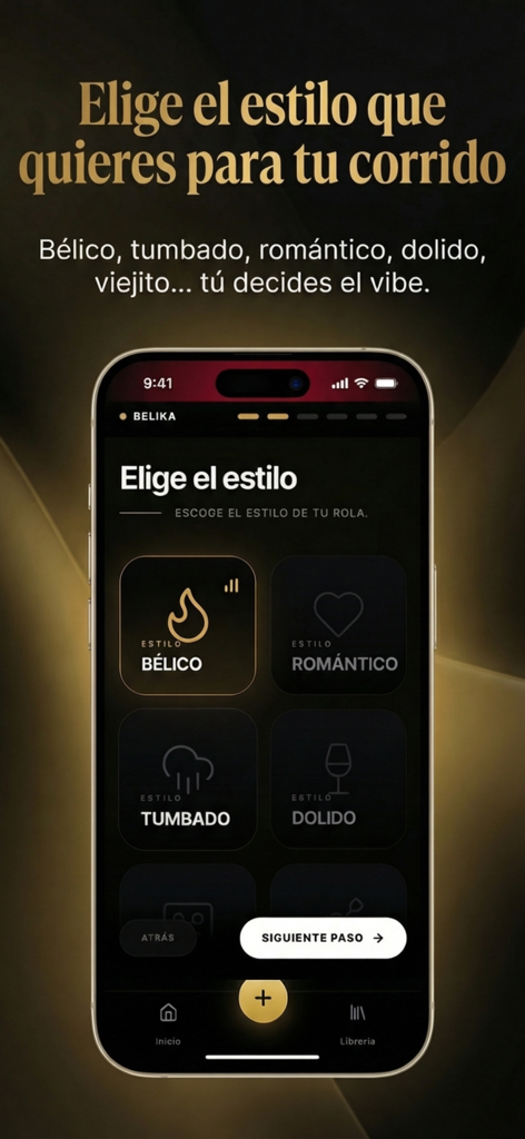 Interface de l'application Belika montrant les options pour choisir un style de musique tel que Belico ou Tumbado pour une chanson IA personnalisée