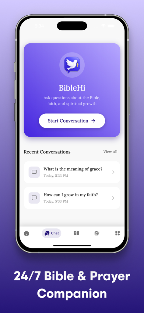 BibleHi: Bible Chat & Prayer - Interfaz de la aplicación BibleHi con un chat de IA para el estudio de la Biblia y guía de oración diaria.
