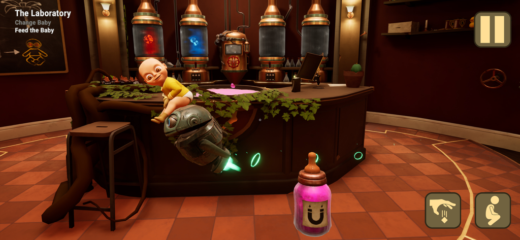 Creepy baby in yellow sitting on a robot in a laboratory scene from the game