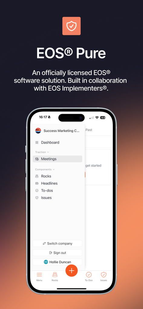 Success.co - Success co mobile app interface showing navigation menu for Rocks Meetings and To-dos