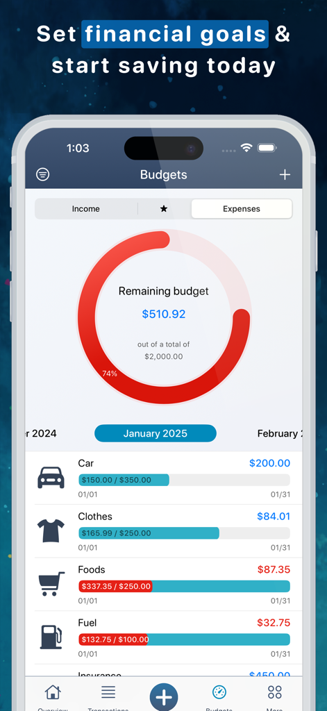 MoneyStats - Expense Tracker - Application MoneyStats montrant un aperçu du budget mensuel avec des barres de dépenses par catégorie et un graphique circulaire de progression