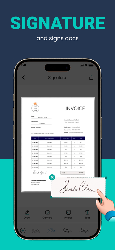 Adicionando uma assinatura digital a um documento de fatura usando o aplicativo scanner PDF ScanLuxe.