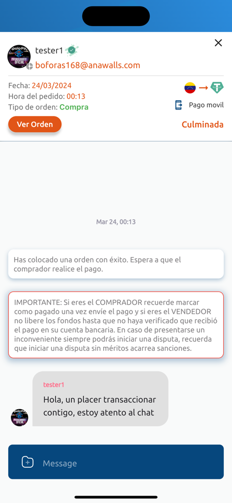 Apolo Pay - Interfaz de Apolo Pay que muestra un pedido de compra de dólares digitales completado y funcionalidad de chat.