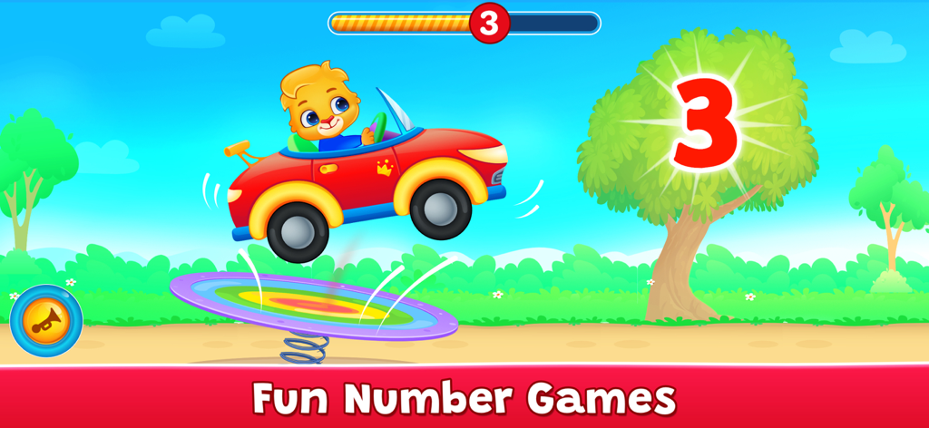 A cartoon lion in a red car jumping over a trampoline in a fun counting game for kids