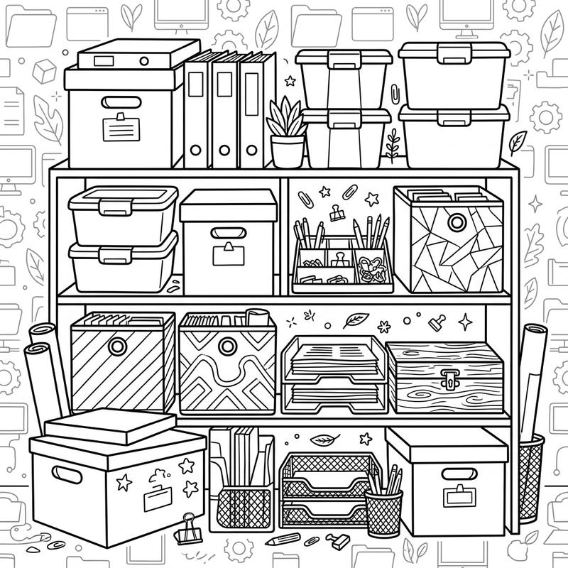 Bring order to your day with this engaging coloring page featuring an array of office storage solutions. Explore detailed boxes, bins, and organizers, perfect for a mindful and creative break.
