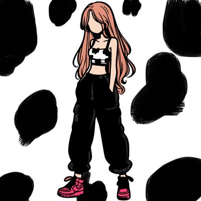 girl in baggy pants crop top and long hair