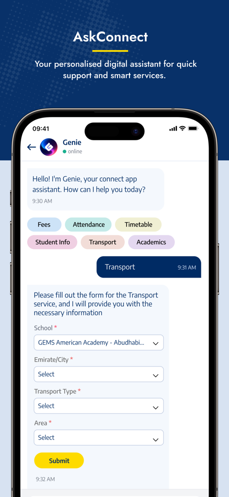 Interface of the GEMS Connect AI assistant Genie helping a parent with school transport service requests.