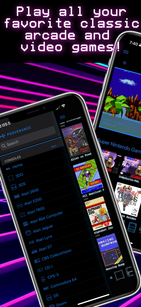 Provenance App - Provenance EMU app on iPhone displaying a library of classic retro video games and a list of supported consoles.