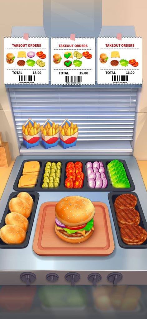 Royal Cooking - Burger-Zubereitungs-Gameplay in Royal Cooking, das Bestellungen zum Mitnehmen und frische Zutaten zeigt.