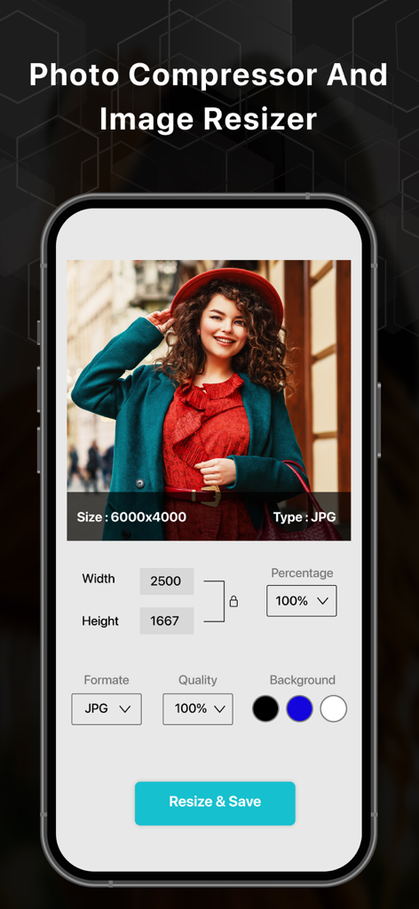 Photo Resizer & Compressor - Interface of the Photo Resizer and Compressor app with tools for resizing images and adjusting quality