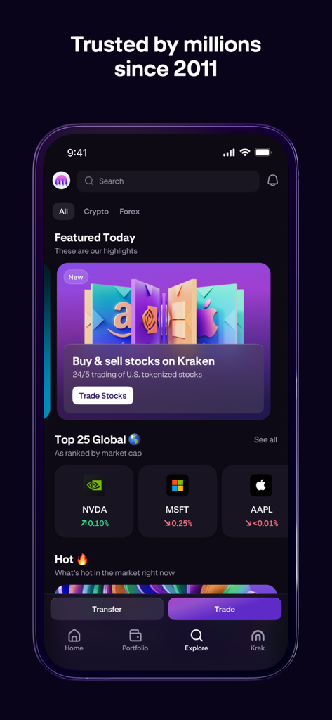 Interface de l'application mobile Kraken montrant les options de trading d'actions et de cryptomonnaies