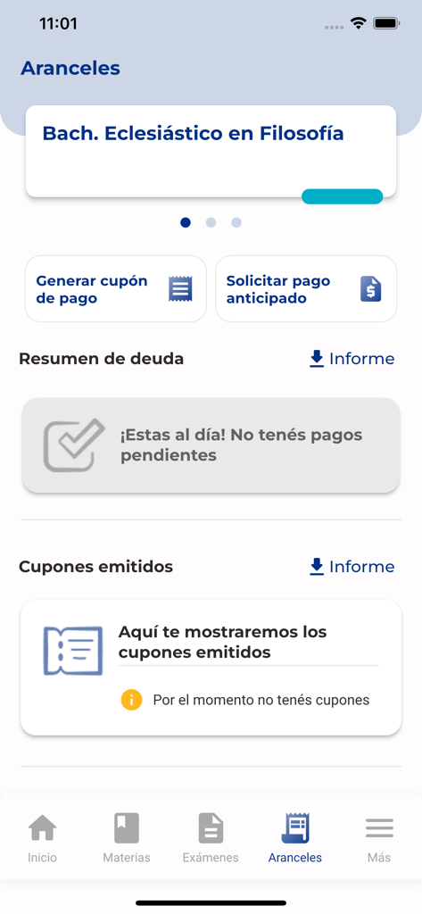 App UCC - Interface of the App UCC tuition and fees section showing options to generate payment slips and view debt status.