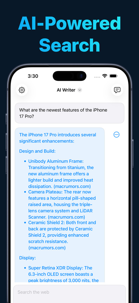AI Writer app interface showing AI powered search results on an iPhone.