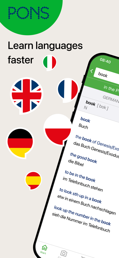 PONS Translate app interface showing dictionary results for the word book with English to German translations and example phrases