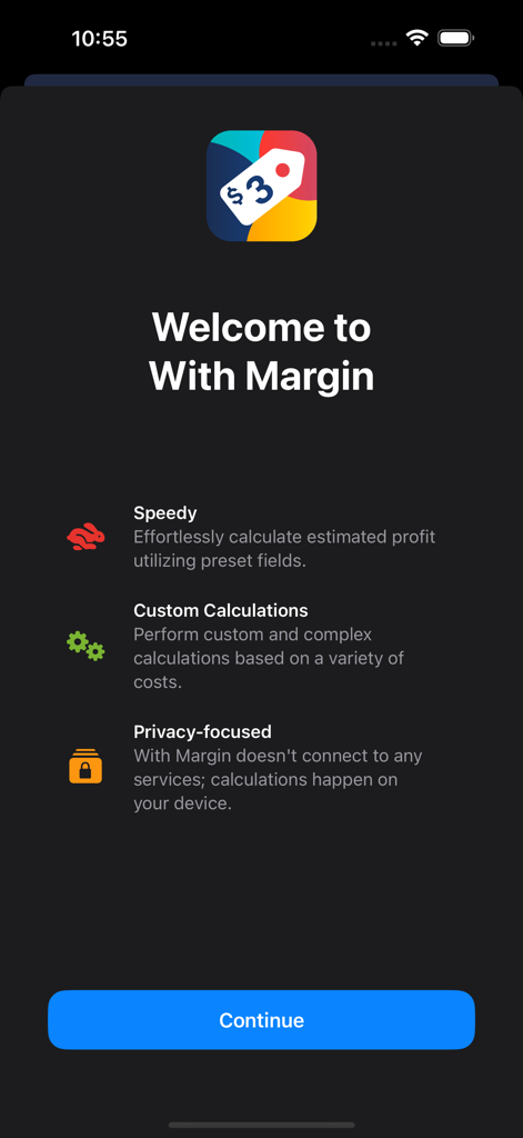 Welcome screen of the With Margin app highlighting profit calculation features and privacy focus