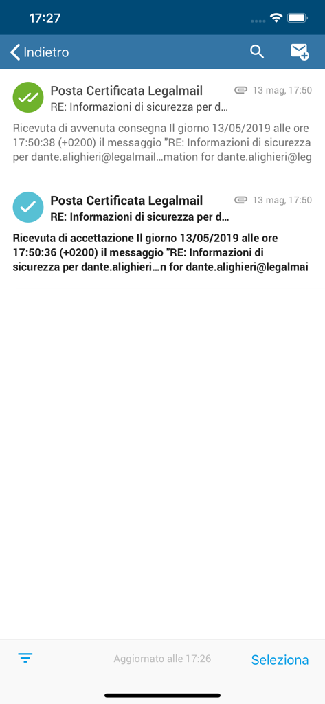 Legalmail - Interface da aplicação Legalmail mostrando uma lista de recibos de entrega e aceitação de e-mail certificado com valor jurídico.