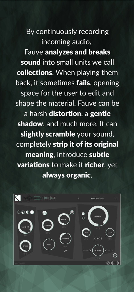 Fauve : flawed reconstructor - Interface and description of the Fauve flawed reconstructor audio app showing sound design controls.