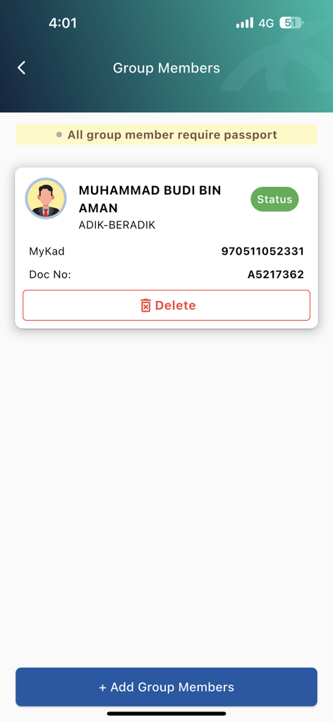 MyNIISe - The group members management screen of the MyNIISe app showing a registered individual profile with their MyKad and document number