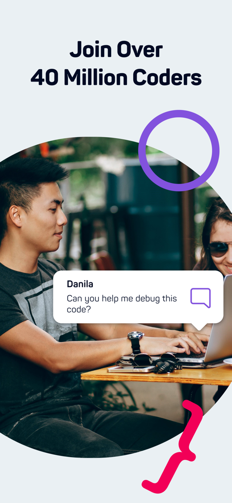 Sololearn app promo showing a student coding on a laptop with a community help message and 40 million coders milestone