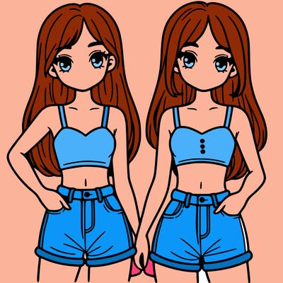 two sisters with crop tops and jean shorts and straight hair