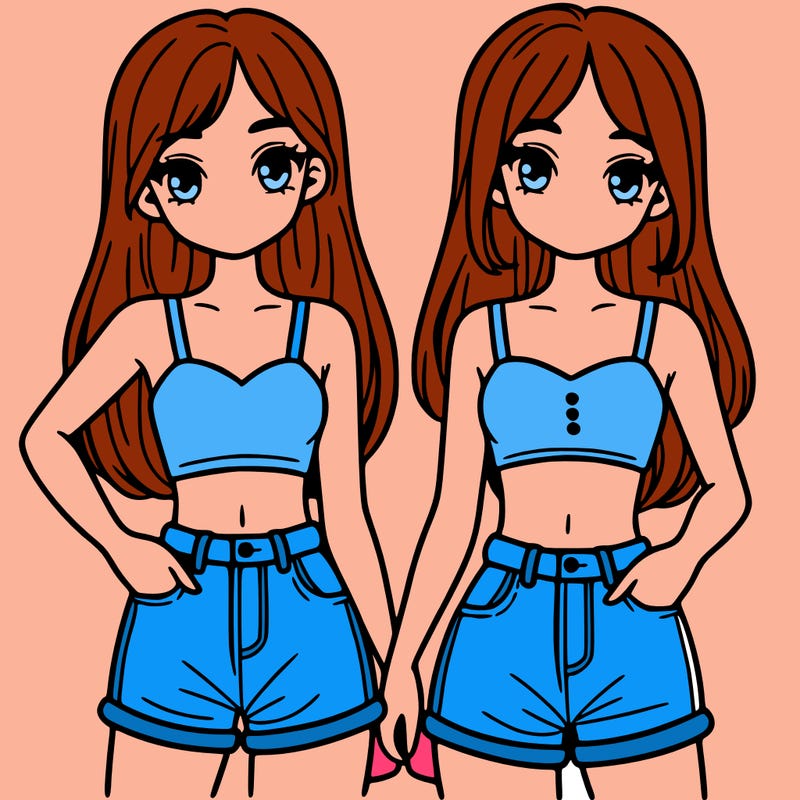 two sisters with crop tops and jean shorts and straight hair