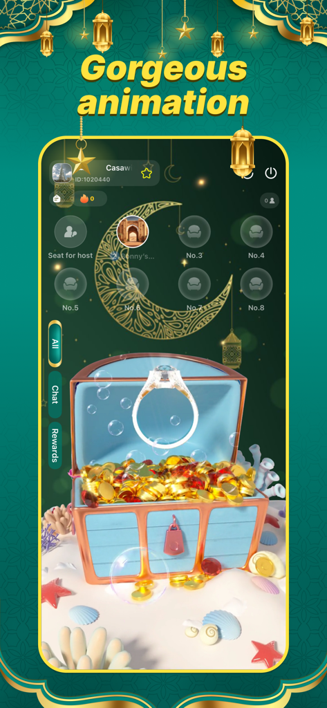 PotaLive voice chat room showing a gorgeous animated treasure chest gift with a diamond ring and gold coins.