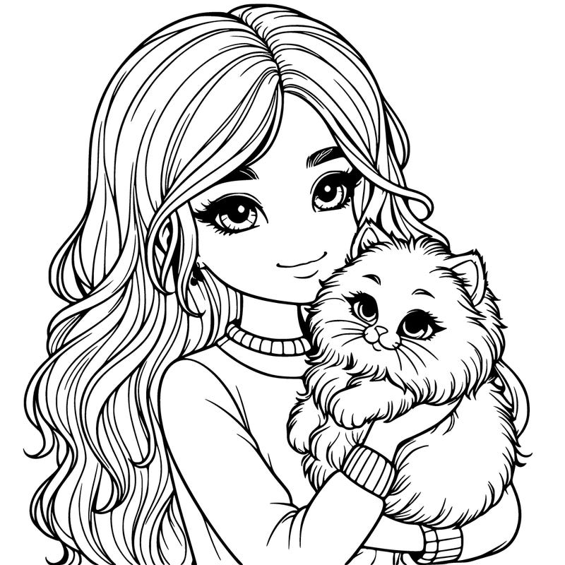 a realistic girl holding a fluffy cat