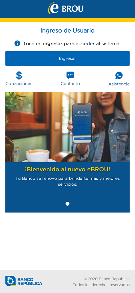 Login screen of the App eBROU mobile banking application by Banco Republica