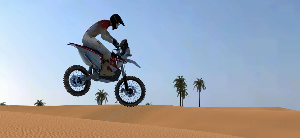 A motocross rider performing a high jump over desert dunes in the SMX game