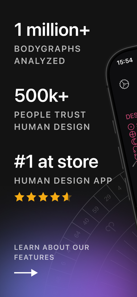 Human Design: HD Birth Chart - Promotional screen for Human Design app showing over one million bodygraphs analyzed and number one app store ranking