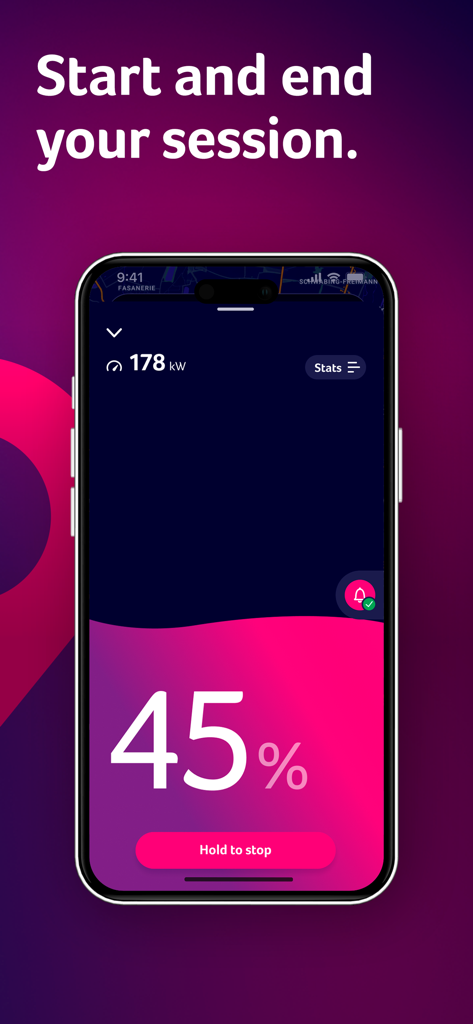 Smartphone screen showing the IONITY app tracking a live EV charging session at 45 percent battery