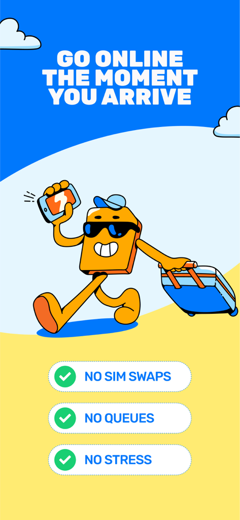 Simify eSIMs: Travel Connected - Un personnage de valise de dessin animé voyageant avec un smartphone pour montrer comment l'eSIM Simify offre un accès en ligne instantané sans échange de carte SIM ni files d'attente.