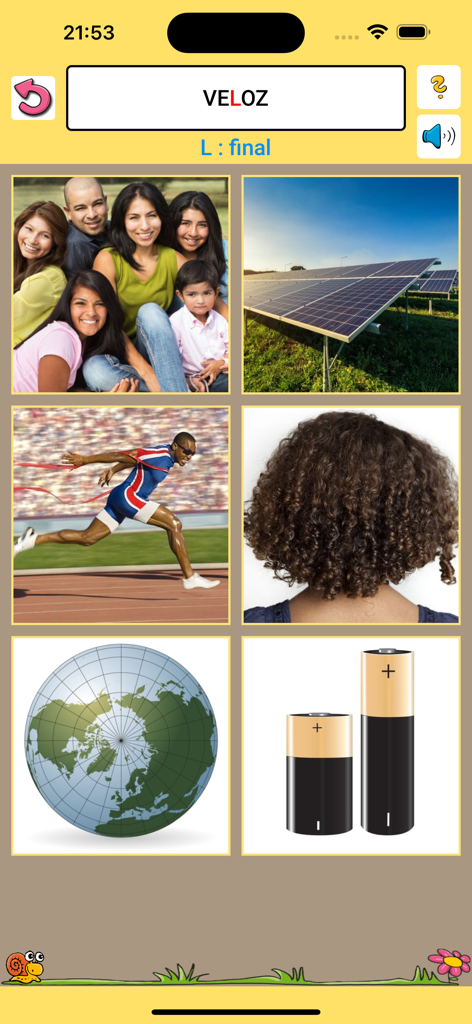 Fonoaudiología : ejercicios CL - Fonoaudiologia app interface showing a Spanish phoneme articulation exercise with real world images