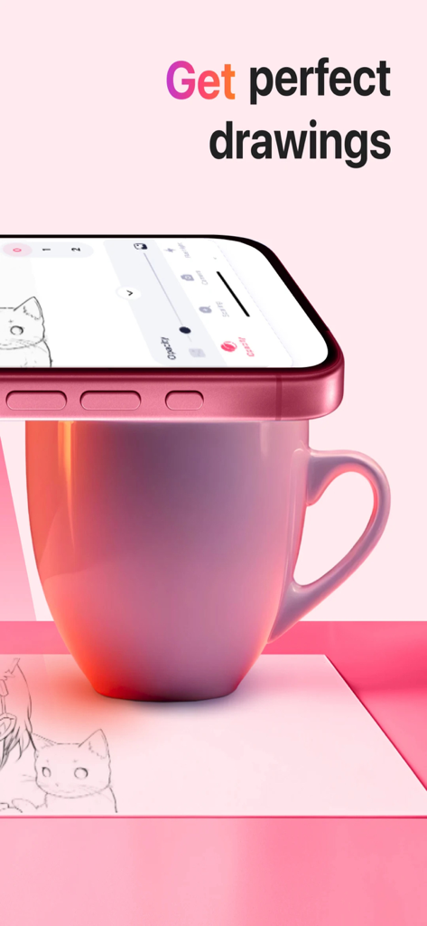 AR Drawing – Trace & Sketch - Smartphone placed on a mug projecting a cat sketch onto paper for tracing using the AR Drawing app