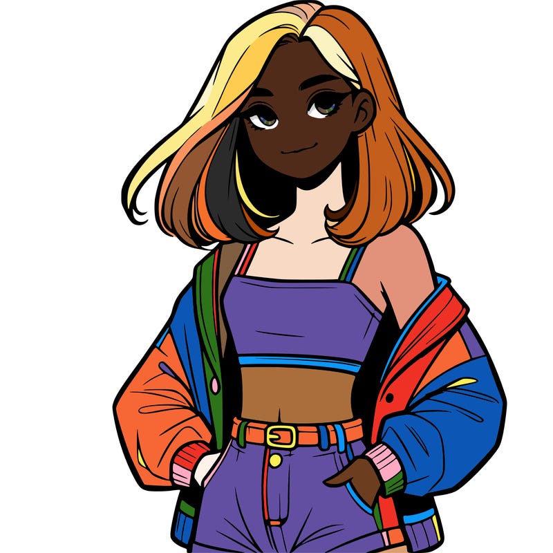 a realistic girl with a crop top and short shorts in an open jacket