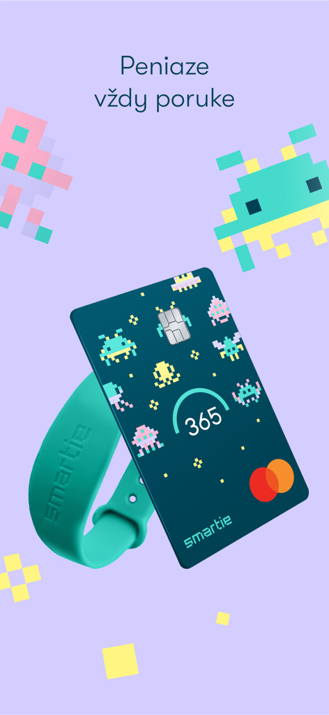 A vertical SMARTIE debit card and a turquoise contactless payment bracelet featuring playful pixel art