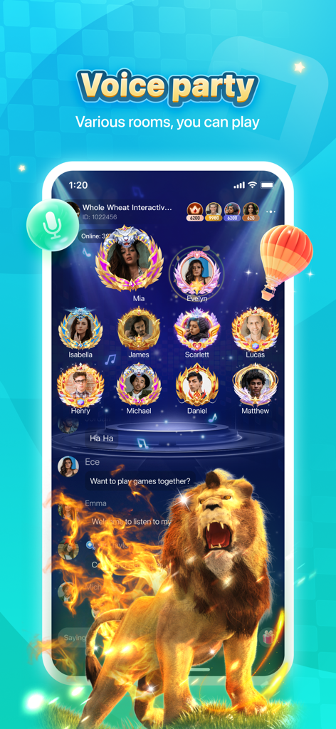 FunUp app interface showing a live voice party room with user avatars and social chat
