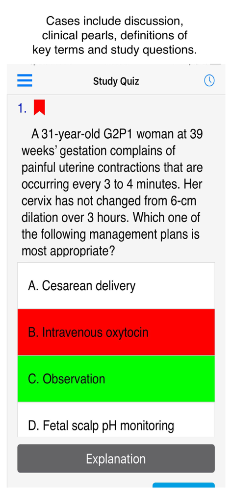 Obstetrics & Gynecology Cases - Screenshot of a study quiz in the Obstetrics and Gynecology Cases app showing a clinical case question with multiple choice answers.