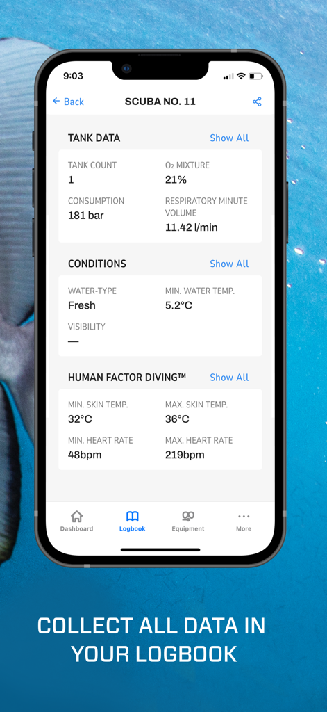 Pantalla de la aplicación SCUBAPRO LogTRAK que muestra datos del tanque de buceo y estadísticas de frecuencia cardíaca del buceador