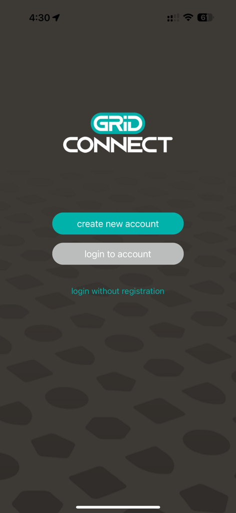 Grid Connect app welcome screen with options to create an account or login