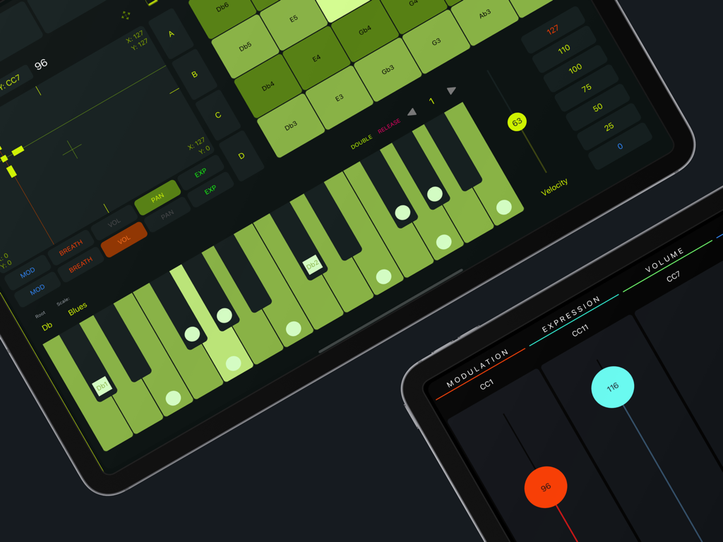 iPad上のMetaGrid Proインターフェイスに、音楽制作用のMIDIフェーダーと緑のピアノキーボードが表示されています